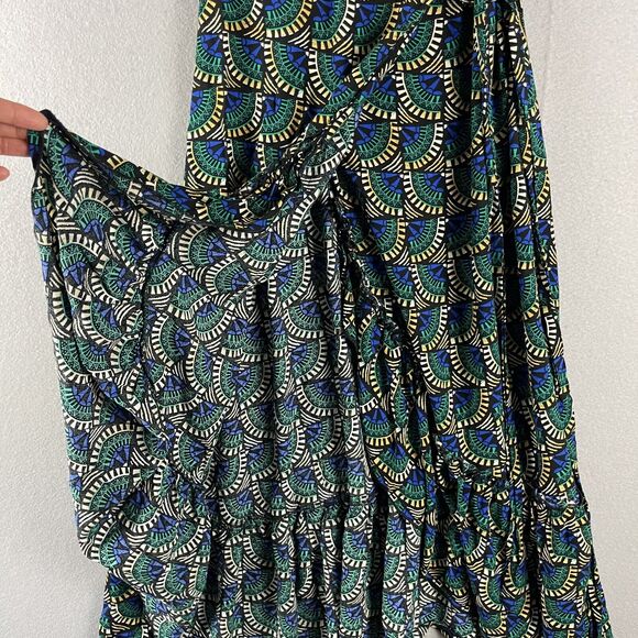 Silk Salt Journey Maxi Wrap Dress Women Medium Geometric Peacock Artsy Tribal - Picture 5 of 16